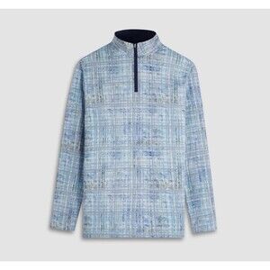 Bugatchi Men 1/4 Zip Pullover Blue Plaid Abstract Luxury L Cotton Blend NWOT
